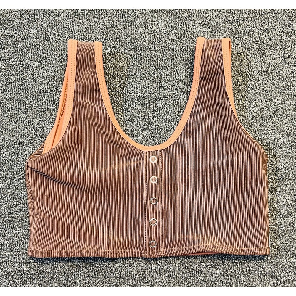 Tiger Friday Crop Tank Top Adult Small Brown Ribbed Athletic Training Snap Front